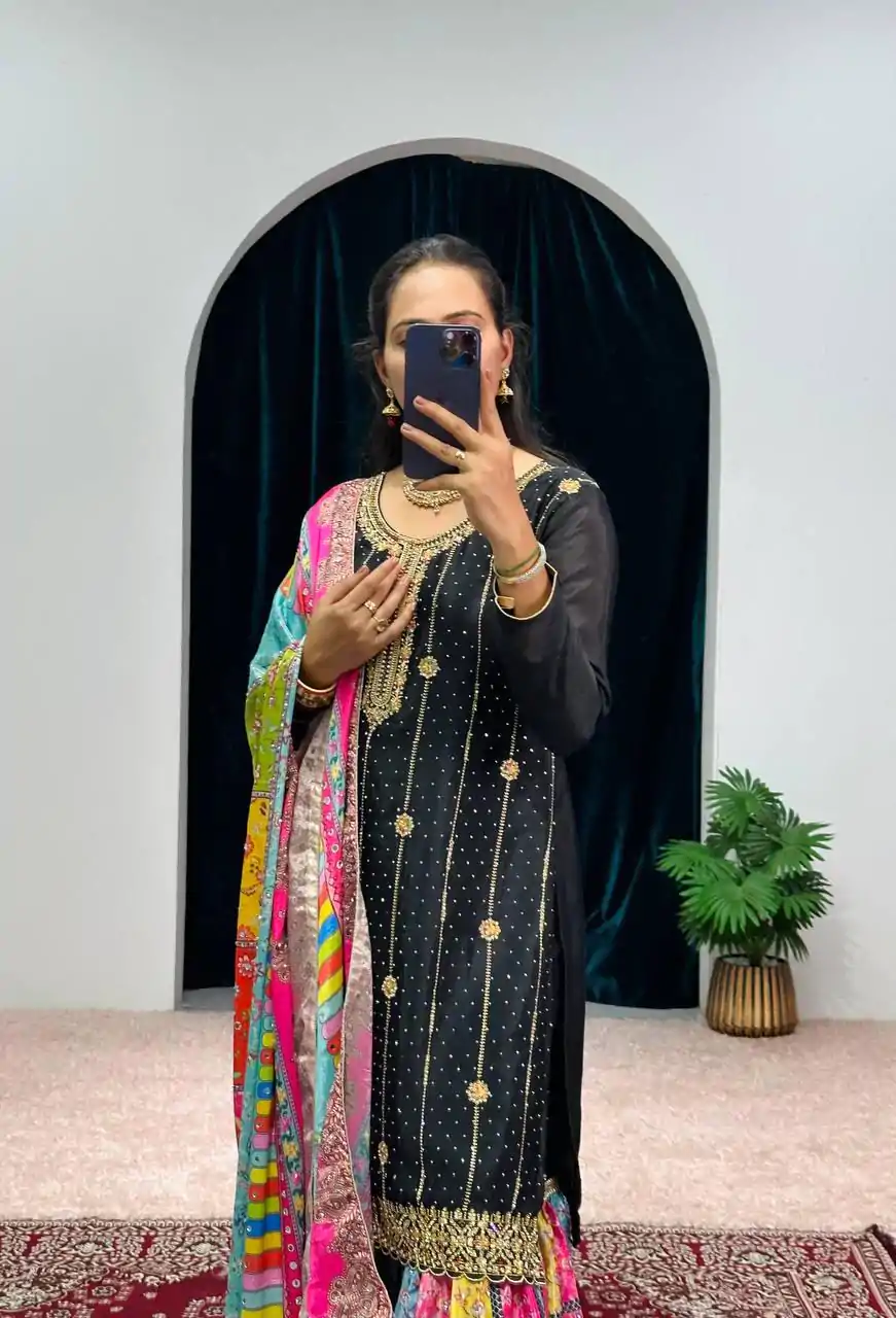 ST 1046 Black Color Chinon Embroidery Work Salwar Suit Casual, Wedding, Party, Festive, Events Etc. Expected Delivery 4-6 Working Days @2399/- | Jump Suits, Salwar suit, Casual Suits, Creative suits, Designer Suits, Palazzo Suits, Party Wear Suits, Patiala Suits, Straight Suits
