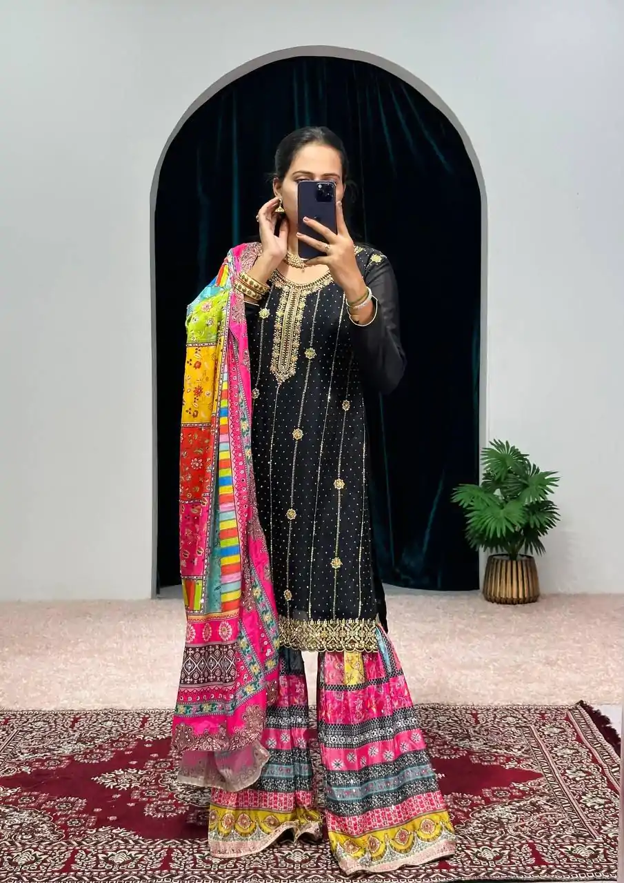 ST 1046 Black Color Chinon Embroidery Work Salwar Suit Casual, Wedding, Party, Festive, Events Etc. Expected Delivery 4-6 Working Days @2399/- | Jump Suits, Salwar suit, Casual Suits, Creative suits, Designer Suits, Palazzo Suits, Party Wear Suits, Patiala Suits, Straight Suits
