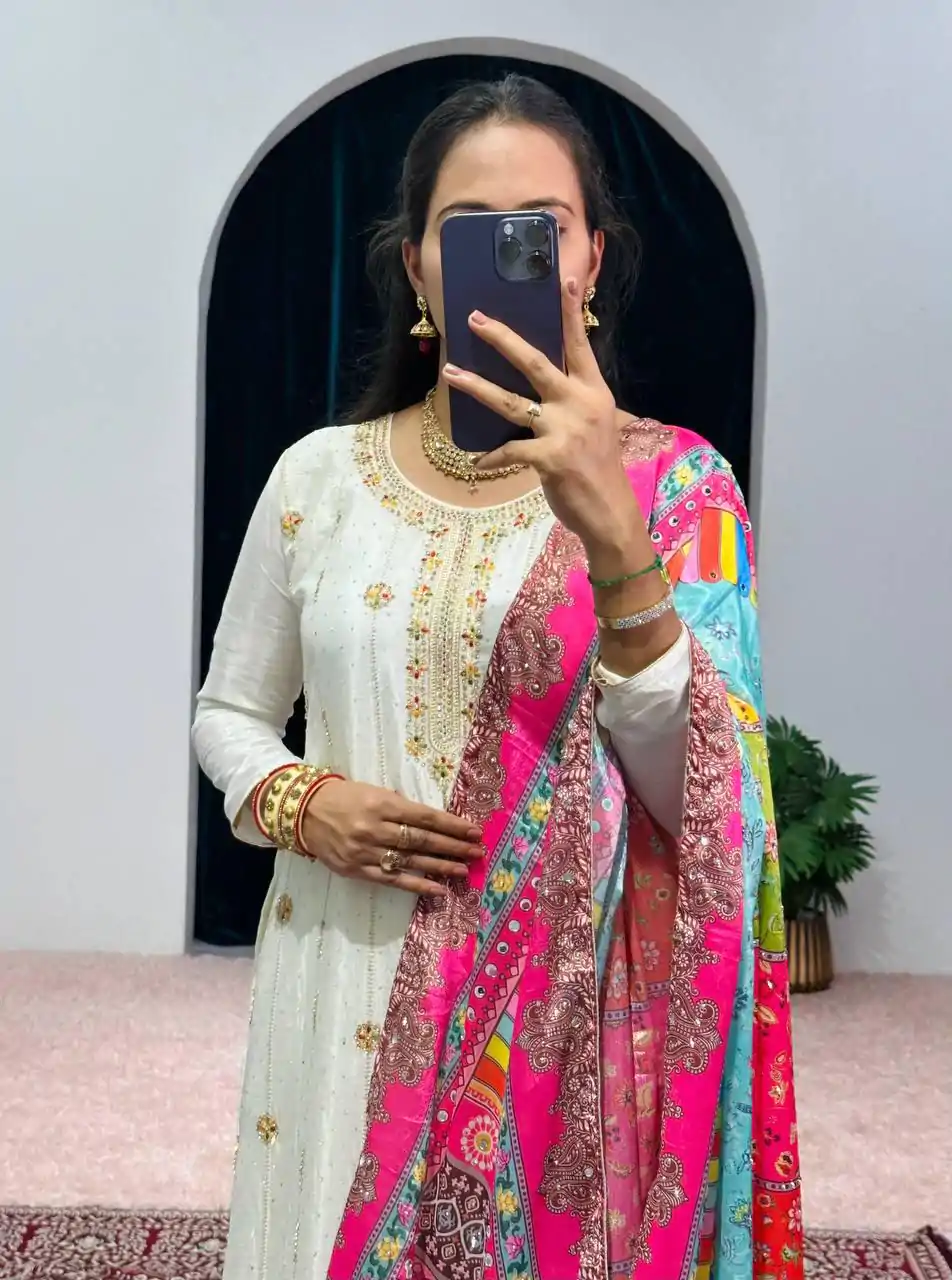 ST 1046 White Color Chinon Embroidery Work Salwar Suit Casual, Wedding, Party, Festive, Events Etc. Expected Delivery 4-6 Working Days @2399/- | Jump Suits, Salwar suit, Casual Suits, Creative suits, Designer Suits, Palazzo Suits, Party Wear Suits, Patiala Suits, Straight Suits