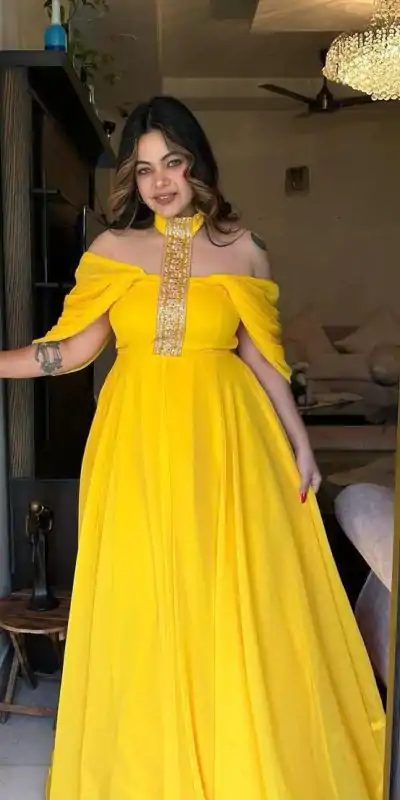 KD 1409 Yellow Color Faux Georgette Thread Sequence Gown Casual, Party, Wedding, Festive, Events Etc.  Expected Delivery  4-6 Working Days @1699/- Only | Gowns, Bollywood Gowns, Creative Gowns, Designer Gowns, Embroidered Gowns, Party Wear Gowns