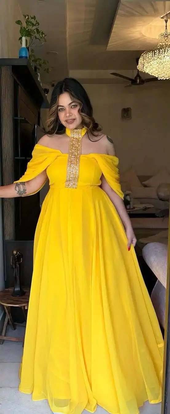 KD 1409 Yellow Color Faux Georgette Thread Sequence Gown Casual, Party, Wedding, Festive, Events Etc. Expected Delivery 4-6 Working Days @1699/- Only | Gowns, Bollywood Gowns, Creative Gowns, Designer Gowns, Embroidered Gowns, Party Wear Gowns