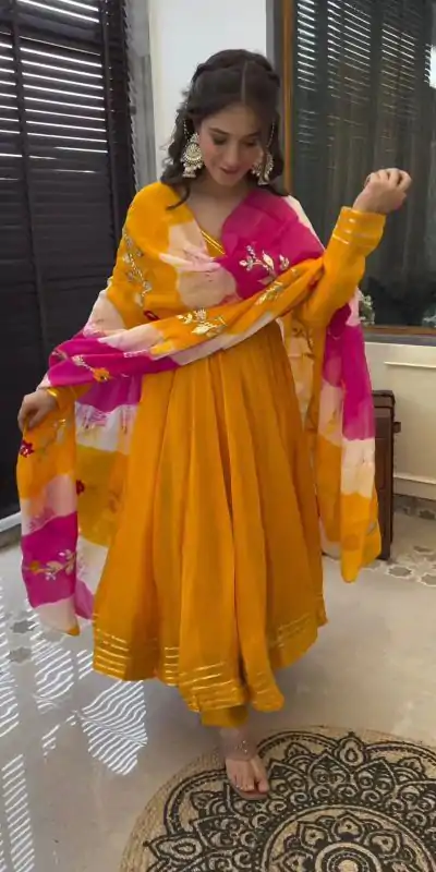 ZF 380 Yellow Color Chinon Silk Digital Print Dupatta Work Gown Casual, Wedding, Party, Festive, Events Etc. Expected Delivery 4-6 Working Days @1899/- | Gowns, Bollywood Gowns, Creative Gowns, Designer Gowns, Embroidered Gowns, Party Wear Gowns