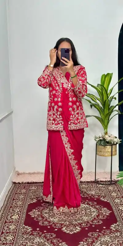ST 1054 Pink  Color Chinon Embroidery Work Koti And Saree Casual, Wedding, Party, Festive, Events Etc. Expected Delivery 4-6 Working Days @2399/- | Designer Sarees, Sarees, Bollywood Sarees, Creative Sarees, Embroidered Sarees, Ethnic Saree, Modern Digital sarees, Party Wear Sarees