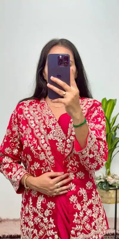 ST 1054 Pink Color Chinon Embroidery Work Koti And Saree Casual, Wedding, Party, Festive, Events Etc. Expected Delivery 4-6 Working Days @2399/- | Designer Sarees, Sarees, Bollywood Sarees, Creative Sarees, Embroidered Sarees, Ethnic Saree, Modern Digital sarees, Party Wear Sarees