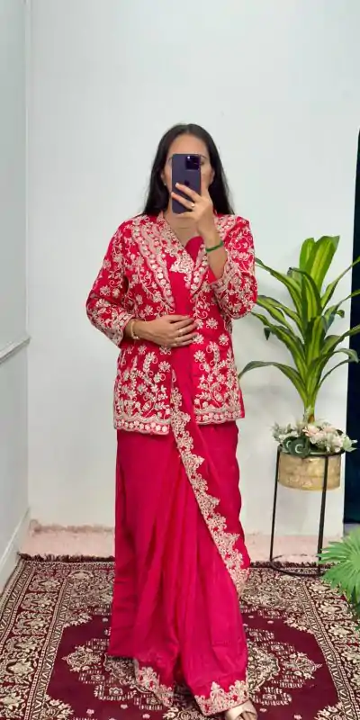 ST 1054 Pink Color Chinon Embroidery Work Koti And Saree Casual, Wedding, Party, Festive, Events Etc. Expected Delivery 4-6 Working Days @2399/- | Designer Sarees, Sarees, Bollywood Sarees, Creative Sarees, Embroidered Sarees, Ethnic Saree, Modern Digital sarees, Party Wear Sarees