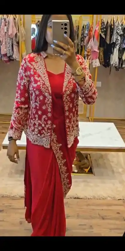ST 1054 Pink Color Chinon Embroidery Work Koti And Saree Casual, Wedding, Party, Festive, Events Etc. Expected Delivery 4-6 Working Days @2399/- | Designer Sarees, Sarees, Bollywood Sarees, Creative Sarees, Embroidered Sarees, Ethnic Saree, Modern Digital sarees, Party Wear Sarees
