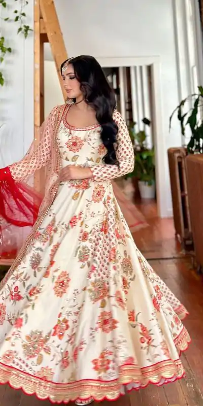 SR 1620 White color Georgette Embroidery Diamond Anarkali Suit Casual, Wedding, Party, Festive, Events . Expected Delivery  4-6 Working Days @2099/- | Anarkali Suits, Bollywood Anarkali, Creative-Anarkali, Designer Anarkali, Embroidered Anarkali, Party Wear Anarkali