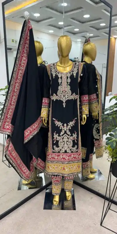 ZF 376 Black Color Chinnon Silk Embroidery Sequence Salwar Suit Casual, Wedding, Party, Events Etc. Expected Delivery 4-6 Working Days 2599/- | Jump Suits, Salwar suit, Casual Suits, Creative suits, Designer Suits, Palazzo Suits, Party Wear Suits, Patiala Suits, Straight Suits
