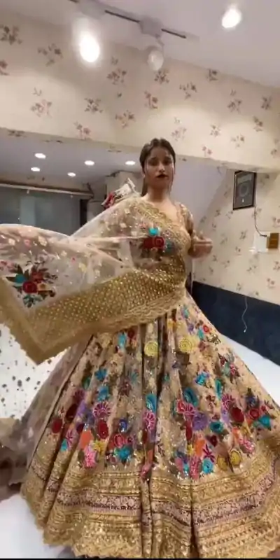 BD 1612 Golden Color Georgette Embroidered Sequins Lehenga Choli Casual, Wedding, Festive, Events Expected Delivery 4-6 Working Days @3449/- | Lehenga, Bollywood Lehenga, Creative Lehenga, Designer Lehenga, Embroidered Lehenga, Party Wear Lehenga