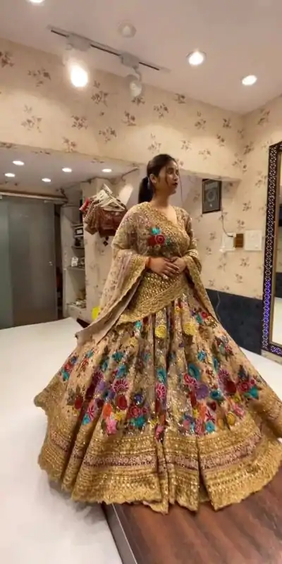 BD 1612 Golden Color Georgette Embroidered Sequins Lehenga Choli Casual, Wedding, Festive, Events Expected Delivery 4-6 Working Days @3449/- | Lehenga, Bollywood Lehenga, Creative Lehenga, Designer Lehenga, Embroidered Lehenga, Party Wear Lehenga