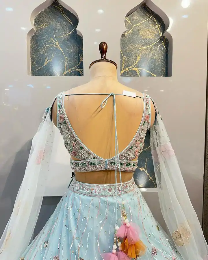 BD 1608 Light Blue Color Organza Silk Embroidered Lehenga Choli Casual, Wedding, Festive, Events Expected Delivery 4-6 Working Days @3199/- | Lehenga, Bollywood Lehenga, Creative Lehenga, Designer Lehenga, Embroidered Lehenga, Party Wear Lehenga