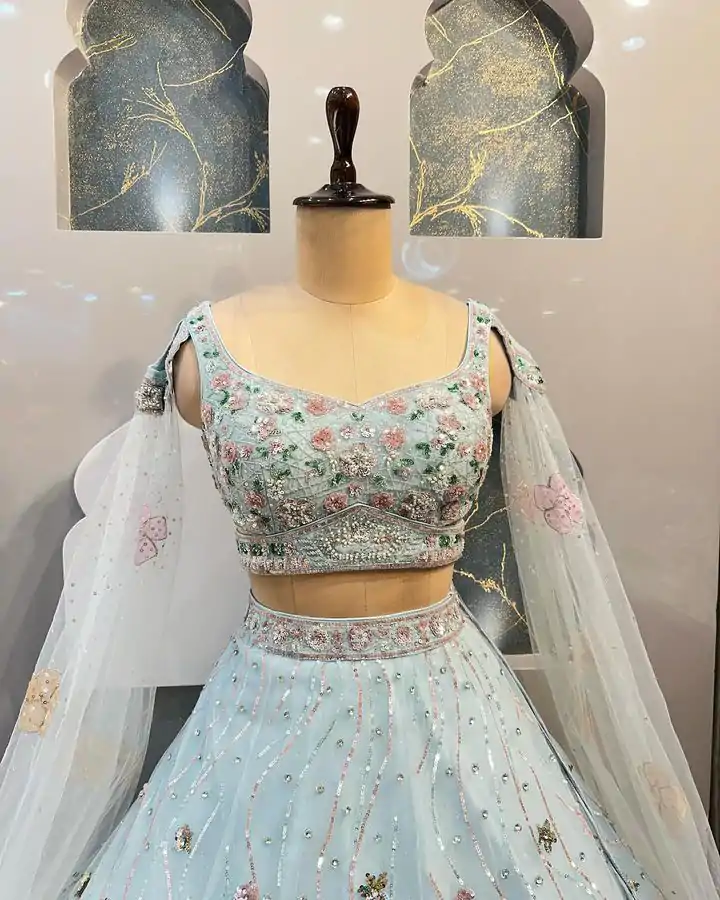 BD 1608 Light Blue Color Organza Silk Embroidered Lehenga Choli Casual, Wedding, Festive, Events Expected Delivery 4-6 Working Days @3199/- | Lehenga, Bollywood Lehenga, Creative Lehenga, Designer Lehenga, Embroidered Lehenga, Party Wear Lehenga