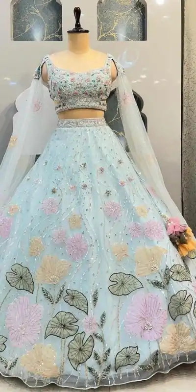 BD 1608 Light Blue Color Organza Silk Embroidered Lehenga Choli Casual, Wedding, Festive, Events Expected Delivery 4-6 Working Days @3199/- | Lehenga, Bollywood Lehenga, Creative Lehenga, Designer Lehenga, Embroidered Lehenga, Party Wear Lehenga