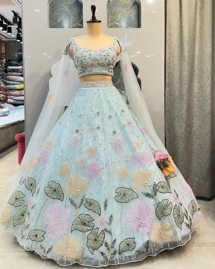 BD 1608 Light Blue Color Organza Silk Embroidered Lehenga Choli Casual, Wedding, Festive, Events Expected Delivery 4-6 Working Days @3199/- | Lehenga, Bollywood Lehenga, Creative Lehenga, Designer Lehenga, Embroidered Lehenga, Party Wear Lehenga