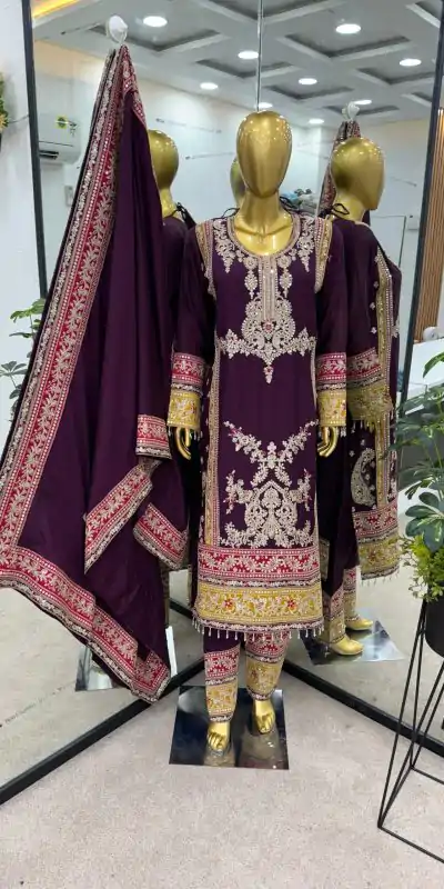 ZF 376 Purple Color Chinnon Silk Embroidery Sequence Salwar Suit Casual, Wedding, Party, Events Etc. Expected Delivery 4-6 Working Days 2599/- | Jump Suits, Salwar suit, Casual Suits, Creative suits, Designer Suits, Palazzo Suits, Party Wear Suits, Patiala Suits, Straight Suits