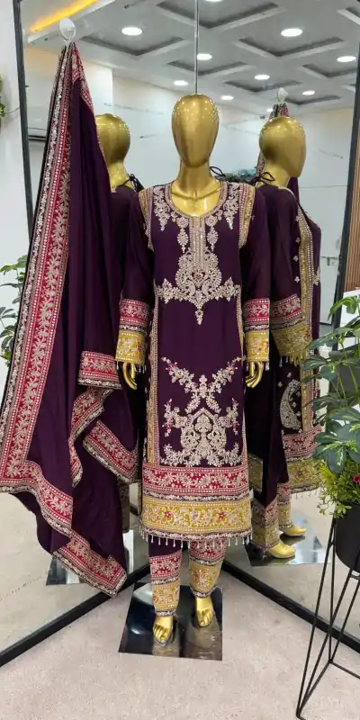 ZF 376 Purple Color Chinnon Silk Embroidery Sequence Salwar Suit Casual, Wedding, Party, Events Etc. Expected Delivery 4-6 Working Days 2599/- | Jump Suits, Salwar suit, Casual Suits, Creative suits, Designer Suits, Palazzo Suits, Party Wear Suits, Patiala Suits, Straight Suits