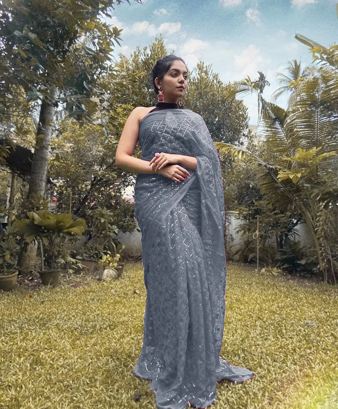 KT 201 Cement Color Georgette Fancy Sequence Work Saree Casual, Party Wear, Wedding   Expected Delivery 4-6 Working Days@1649/- | Designer Sarees, Sarees, Bollywood Sarees, Creative Sarees, Embroidered Sarees, Party Wear Sarees