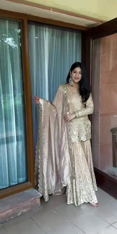 SR 1616 Golden Color Heavy Chinnon Silk Embroidery Work Sharara Suit Wedding, Party, Festive, Events Etc. Expected Delivery 4-6 Working Days @2199Only | Casual Suits, Salwar suit, Creative suits, Designer Suits, Palazzo Suits, Party Wear Suits, Straight Suits