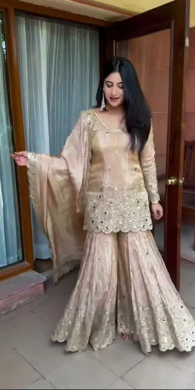 SR 1616 Golden Color Heavy Chinnon Silk Embroidery Work Sharara Suit Wedding, Party, Festive, Events Etc. Expected Delivery 4-6 Working Days @2199Only | Casual Suits, Salwar suit, Creative suits, Designer Suits, Palazzo Suits, Party Wear Suits, Straight Suits