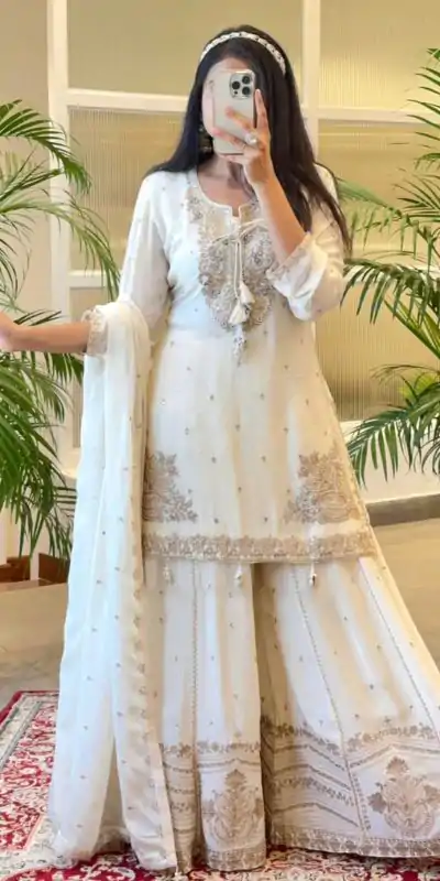 SRK 5169 White Color Pure Chinnon Silk Embroidery Sequence Salwar Suit Wedding, Party, Festive, Events Expected Delivery 4-6 Working Days @ 2099/- | Jump Suits, Salwar suit, Casual Suits, Creative suits, Designer Suits, Palazzo Suits, Party Wear Suits, Patiala Suits, Straight Suits