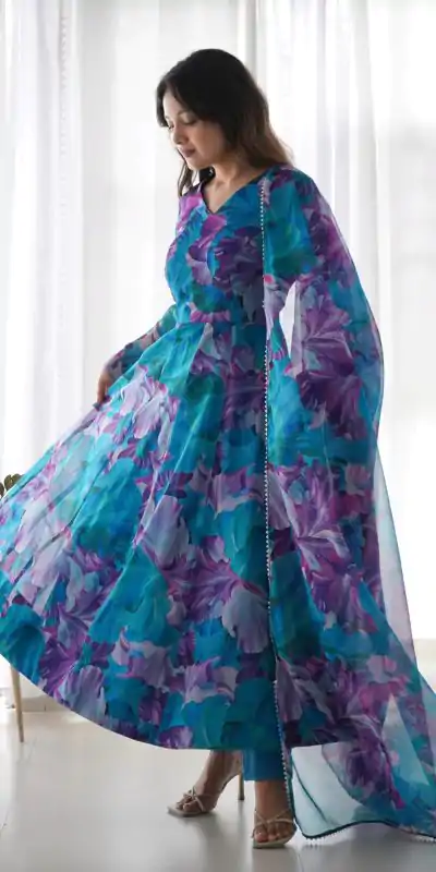 RTC 8071 Blue Color Tabby Silk Organza Digital Printed Anarkali Suit Casual, Wedding, Party, Festive, Events. Expected Delivery 4-6 Working Days @1999/- | Anarkali Suits, Bollywood Anarkali, Creative-Anarkali, Designer Anarkali, Embroidered Anarkali, Party Wear Anarkali