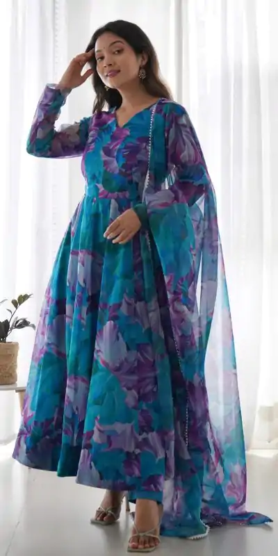 RTC 8071 Blue Color Tabby Silk Organza Digital Printed Anarkali Suit Casual, Wedding, Party, Festive, Events. Expected Delivery 4-6 Working Days @1999/- | Anarkali Suits, Bollywood Anarkali, Creative-Anarkali, Designer Anarkali, Embroidered Anarkali, Party Wear Anarkali