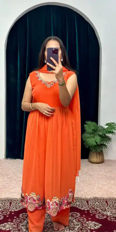 ST 1052 Orange Color Chine Stitched Less Work Salwar Suit Casual, Wedding, Party, Festive, Events Etc. Expected Delivery 4-6 Working Days @2099/- | Salwar suit, Casual Suits, Creative suits, Designer Suits, Palazzo Suits, Party Wear Suits, Patiala Suits, Straight Suits