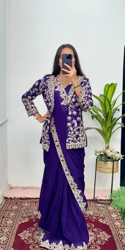 ST 1054 Royal Blue Color Chinon Embroidery Work Koti And Saree Casual, Wedding, Party, Festive, Events Etc. Expected Delivery 4-6 Working Days @2399/- | Designer Sarees, Sarees, Bollywood Sarees, Creative Sarees, Embroidered Sarees, Ethnic Saree, Modern Digital sarees, Party Wear Sarees