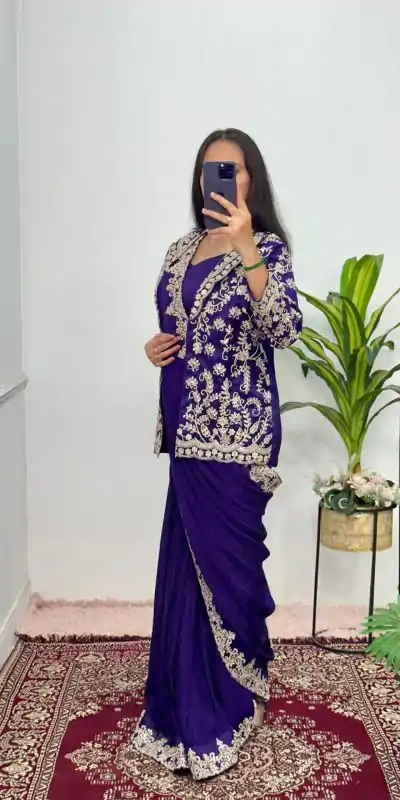 ST 1054 Royal Blue Color Chinon Embroidery Work Koti And Saree Casual, Wedding, Party, Festive, Events Etc. Expected Delivery 4-6 Working Days @2399/- | Designer Sarees, Sarees, Bollywood Sarees, Creative Sarees, Embroidered Sarees, Ethnic Saree, Modern Digital sarees, Party Wear Sarees