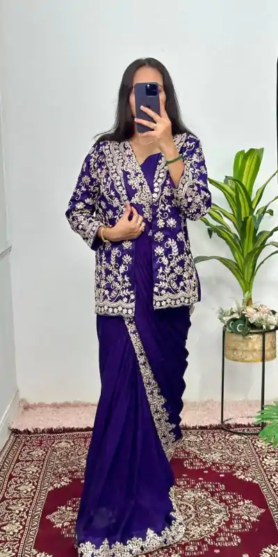 ST 1054 Royal Blue Color Chinon Embroidery Work Koti And Saree Casual, Wedding, Party, Festive, Events Etc. Expected Delivery 4-6 Working Days @2399/- | Designer Sarees, Sarees, Bollywood Sarees, Creative Sarees, Embroidered Sarees, Ethnic Saree, Modern Digital sarees, Party Wear Sarees