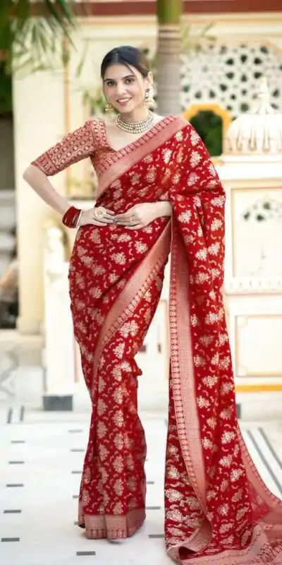 KP 5079 Red Color Soft Lichi Silk Jacquard On All Over Saree Casual, Party Wear, Wedding, Events Etc. Expected Delivery 4-6 Working Days @1449/- | Designer Sarees, Embroidered Sarees, Sarees, Bollywood Sarees, Creative Sarees, Ethnic Saree, Modern Digital sarees, Party Wear Sarees