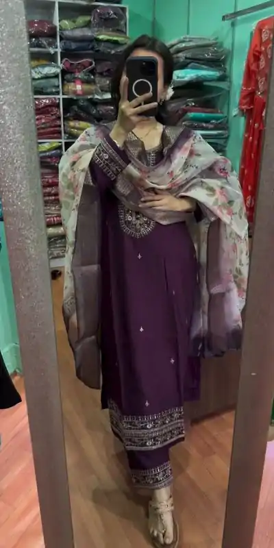 AD 164 Purple Color Chinon Silk Embroidery Work Sharara Suit Casual, Wedding, Party, Festive, Events Etc. Expected Delivery 4-6 Working Days @1949/- | Casual Suits, Jump Suits, Salwar suit, Creative suits, Designer Suits, Palazzo Suits, Party Wear Suits, Patiala Suits, Straight Suits