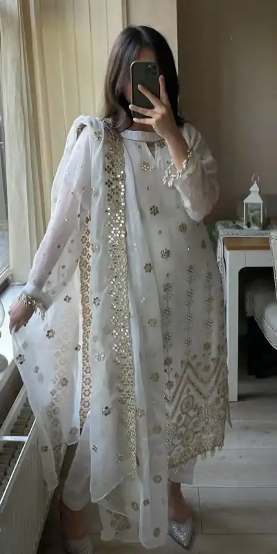 VLM 203 White Color Georgette Embroidery Sequence Salwar Suit Wedding, Party, Festive, Events Expected Delivery 4-6 Working Days @ 1999/- Only | Casual Suits, Salwar suit, Creative suits, Designer Suits, Party Wear Suits, Straight Suits