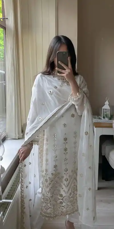 VLM 203 White Color Georgette Embroidery Sequence Salwar Suit Wedding, Party, Festive, Events Expected Delivery 4-6 Working Days @ 1999/- Only | Casual Suits, Salwar suit, Creative suits, Designer Suits, Party Wear Suits, Straight Suits