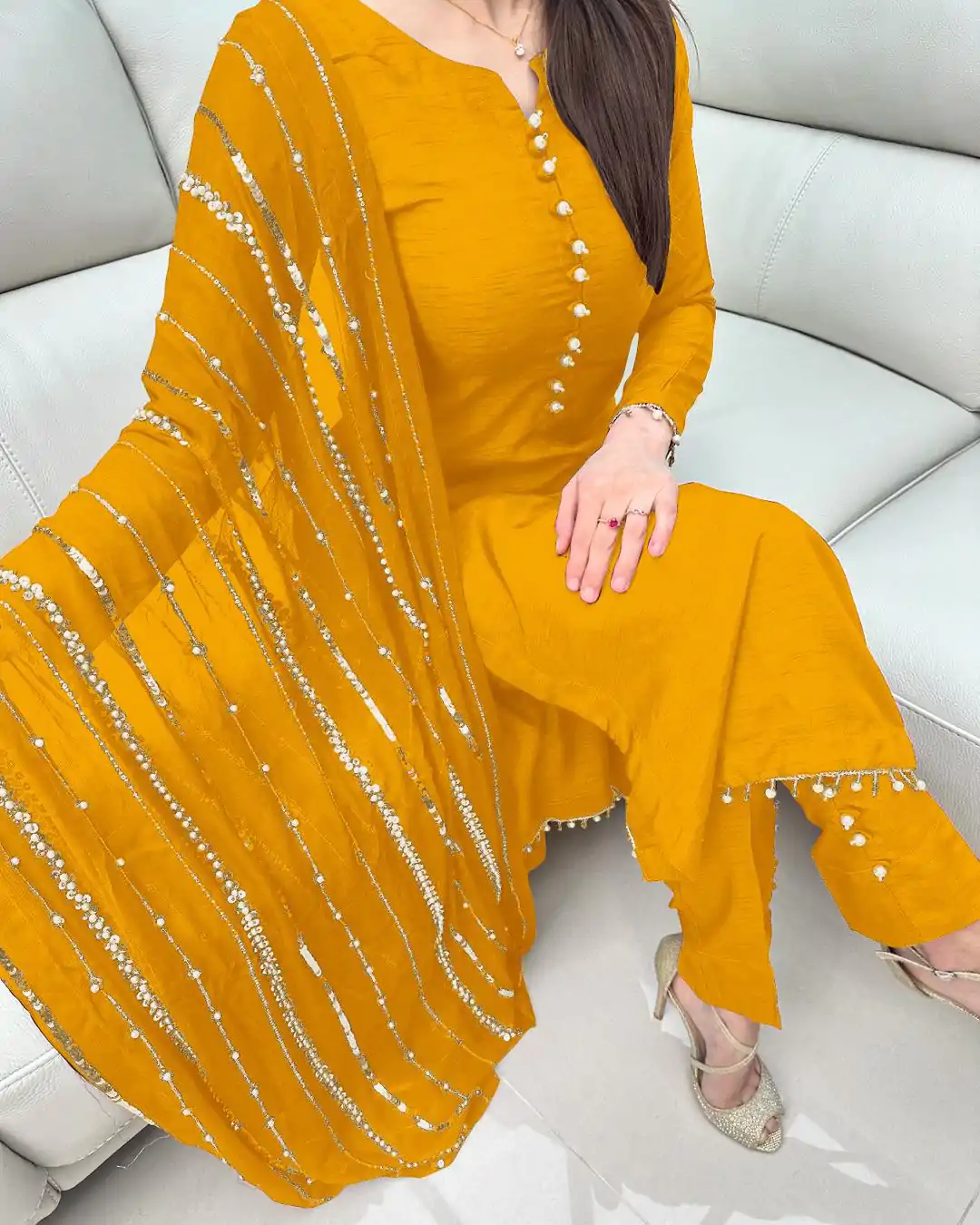 SRK 5161 Yellow Color Chinnon Silk Embroidery Coding Dori Salwar Suit Wedding, Party, Festive, Events Expected Delivery 4-6 Working Days @ 1899/- | Casual Suits, Jump Suits, Salwar suit, Creative suits, Designer Suits, Palazzo Suits, Party Wear Suits, Patiala Suits, Straight Suits