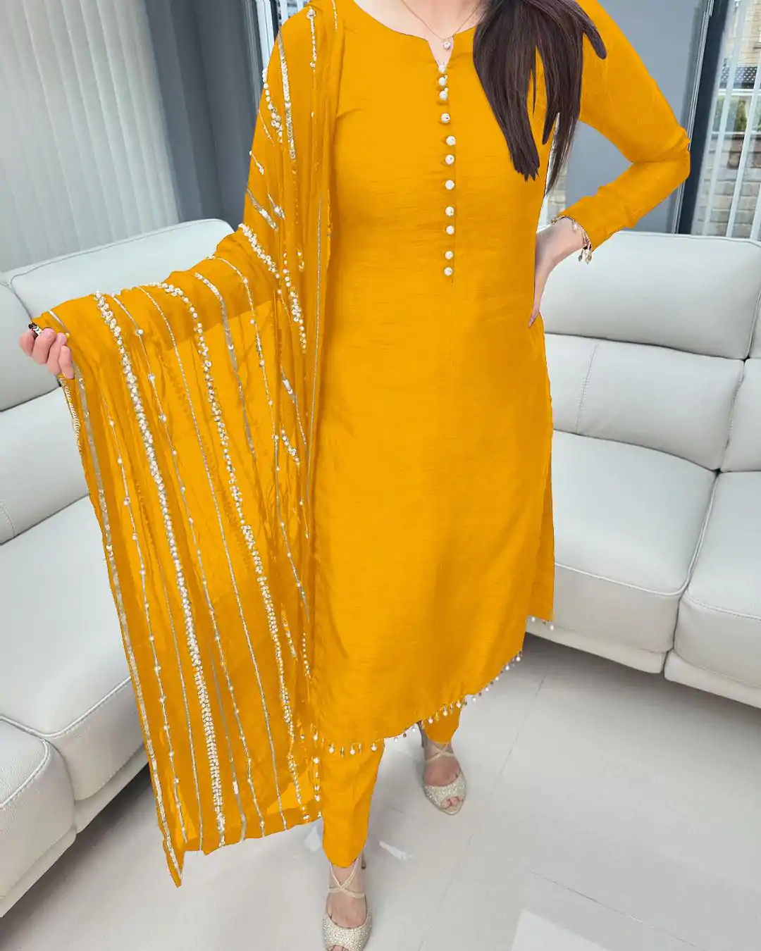 SRK 5161 Yellow Color Chinnon Silk Embroidery Coding Dori Salwar Suit Wedding, Party, Festive, Events Expected Delivery 4-6 Working Days @ 1899/- | Casual Suits, Jump Suits, Salwar suit, Creative suits, Designer Suits, Palazzo Suits, Party Wear Suits, Patiala Suits, Straight Suits