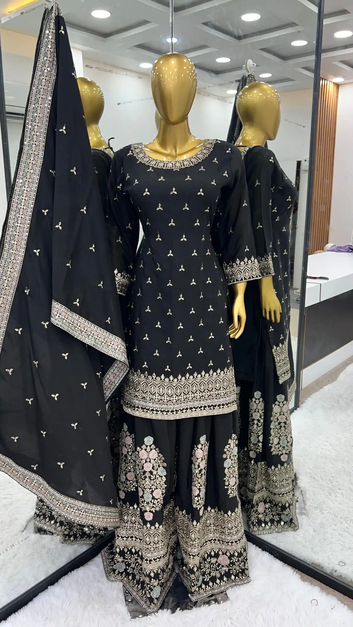 SR 1627 Black Color Chinon Silk Malty Embroidery Sharara Suit Wedding, Party, Festive, Events Etc. Expected Delivery 4-6 Working Days @2199Only | Casual Suits, Salwar suit, Creative suits, Designer Suits, Palazzo Suits, Party Wear Suits, Straight Suits