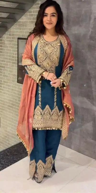 AD 1668 Blue Color Chinon Silk Embroidery Sequence Sharara Suit Casual, Wedding, Party, Festive, Events Etc. Expected Delivery 4-6 Working Days @2499/- | Casual Suits, Jump Suits, Salwar suit, Creative suits, Designer Suits, Palazzo Suits, Party Wear Suits, Patiala Suits, Straight Suits