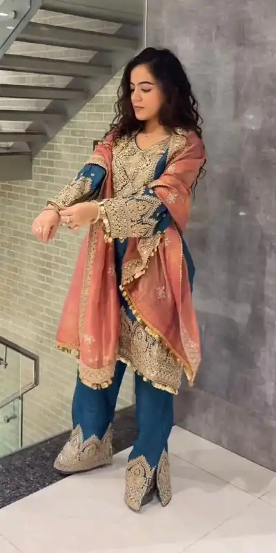 AD 1668 Blue Color Chinon Silk Embroidery Sequence Sharara Suit Casual, Wedding, Party, Festive, Events Etc. Expected Delivery 4-6 Working Days @2499/- | Casual Suits, Jump Suits, Salwar suit, Creative suits, Designer Suits, Palazzo Suits, Party Wear Suits, Patiala Suits, Straight Suits