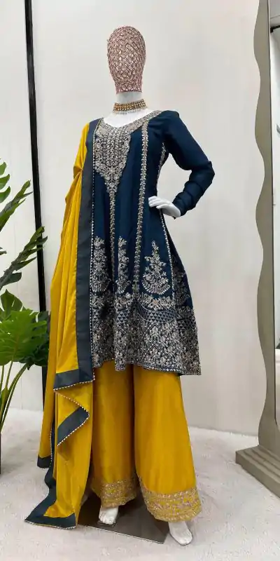 KD 1477 Blue Color Chinon Silk Sequence Thread Work Salwar Suit Casual, Wedding, Party, Events Etc. Expected Delivery 4-6 Working Days 2999/- | Casual Suits, Jump Suits, Salwar suit, Creative suits, Designer Suits, Palazzo Suits, Party Wear Suits, Patiala Suits, Straight Suits