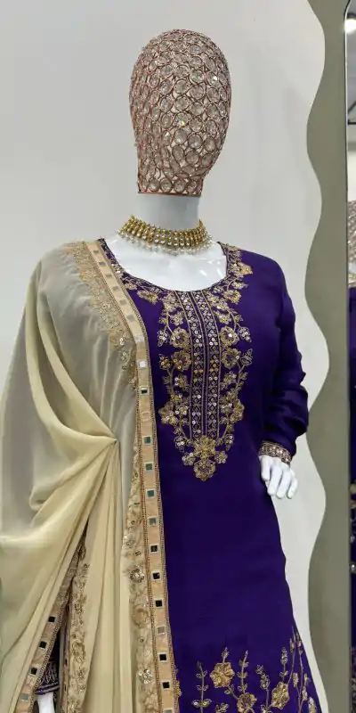 KD 1481 Dark Violet Color Chinon Silk Sequence Thread Work Salwar Suit Casual, Wedding, Party, Events Etc. Expected Delivery 4-6 Working Days 2399/- | Casual Suits, Jump Suits, Salwar suit, Creative suits, Designer Suits, Palazzo Suits, Party Wear Suits, Patiala Suits, Straight Suits