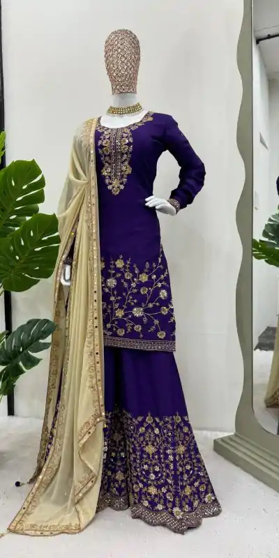 KD 1481 Dark Violet Color Chinon Silk Sequence Thread Work Salwar Suit Casual, Wedding, Party, Events Etc. Expected Delivery 4-6 Working Days 2399/- | Casual Suits, Jump Suits, Salwar suit, Creative suits, Designer Suits, Palazzo Suits, Party Wear Suits, Patiala Suits, Straight Suits