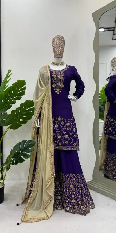 KD 1481 Dark Violet Color Chinon Silk Sequence Thread Work Salwar Suit Casual, Wedding, Party, Events Etc. Expected Delivery 4-6 Working Days 2399/- | Casual Suits, Jump Suits, Salwar suit, Creative suits, Designer Suits, Palazzo Suits, Party Wear Suits, Patiala Suits, Straight Suits