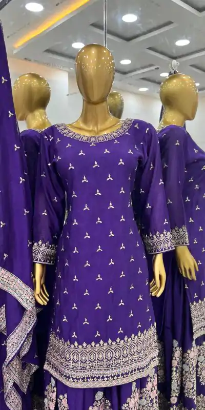 SR 1627 Violet Color Chinon Silk Malty Embroidery Sharara Suit Wedding, Party, Festive, Events Etc. Expected Delivery 4-6 Working Days @2199Only | Casual Suits, Salwar suit, Creative suits, Designer Suits, Palazzo Suits, Party Wear Suits, Straight Suits