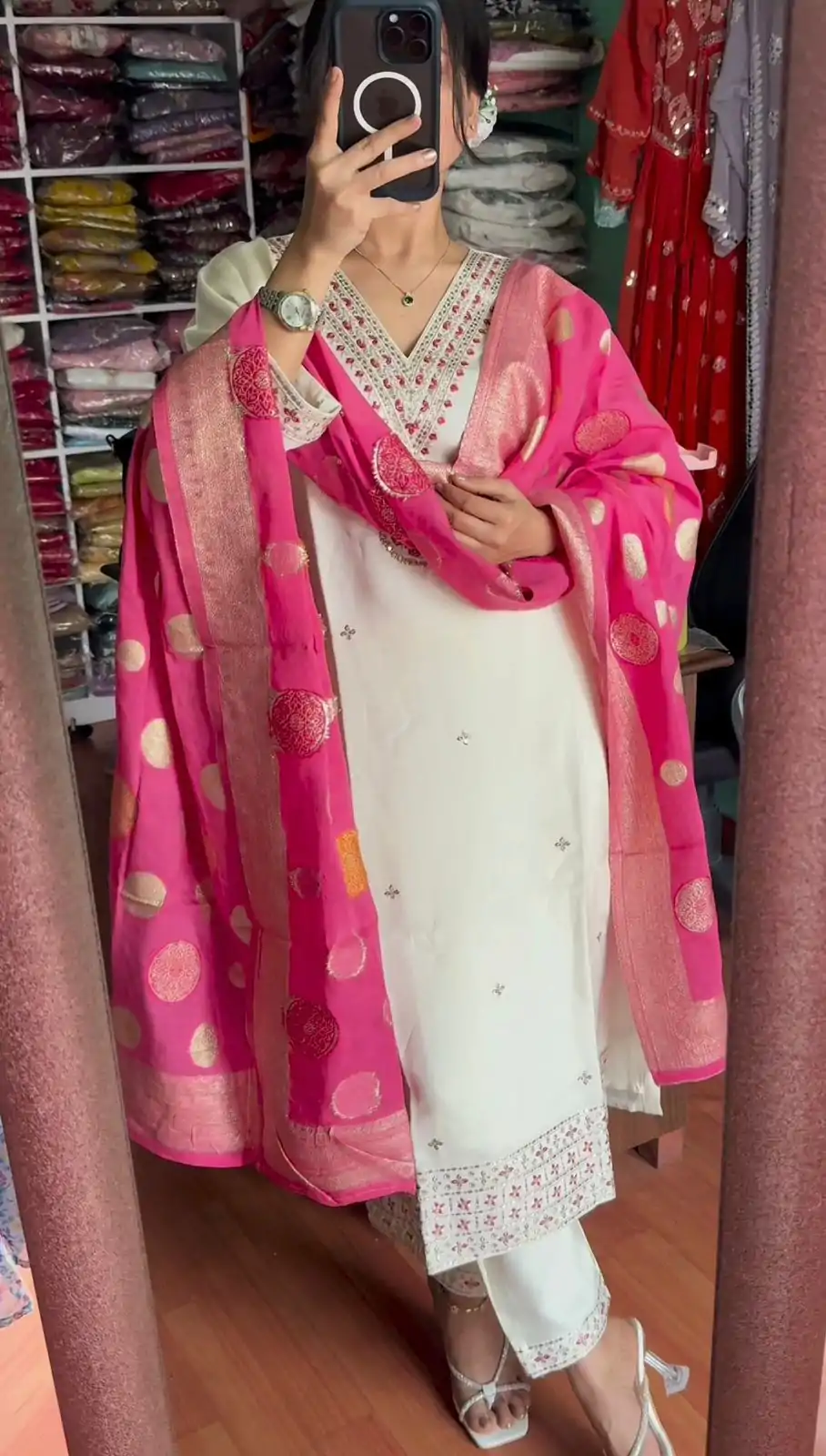 SRK 5173 White Color Chinnon Silk Embroidery Sequence Salwar Suit Wedding, Party, Festive, Events Expected Delivery 4-6 Working Days @ 1899/- | Casual Suits, Jump Suits, Salwar suit, Creative suits, Designer Suits, Palazzo Suits, Party Wear Suits, Patiala Suits, Straight Suits