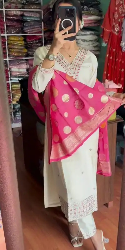 SRK 5173 White Color Chinnon Silk Embroidery Sequence Salwar Suit Wedding, Party, Festive, Events Expected Delivery 4-6 Working Days @ 1899/- | Casual Suits, Jump Suits, Salwar suit, Creative suits, Designer Suits, Palazzo Suits, Party Wear Suits, Patiala Suits, Straight Suits