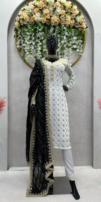 RTC 5699 White & Black Color Foix Georgette Thread Sequence Work Salwar Suit Wedding, Party, Festive, Events Etc. Expected Delivery 4-6 Working Days @2499/ | Casual Suits, Jump Suits, Salwar suit, Creative suits, Designer Suits, Palazzo Suits, Party Wear Suits, Patiala Suits, Straight Suits