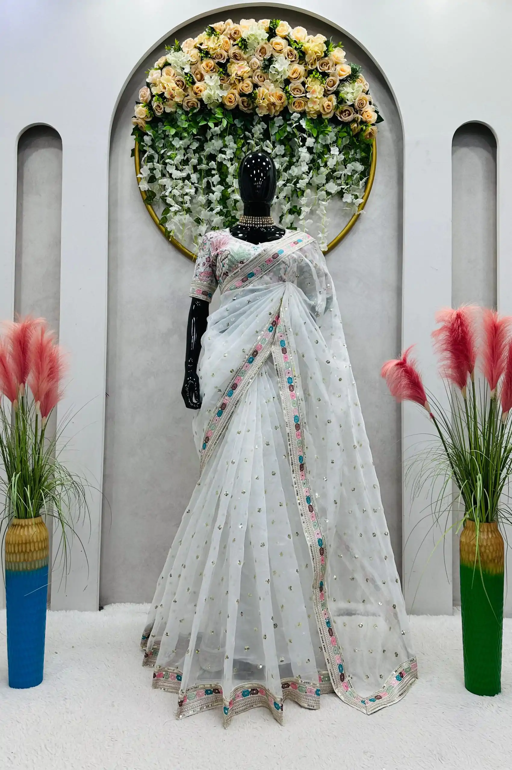 KD 481 White Color Organza Silk Thread Sequence Work Saree Casual, Party Wear, Wedding, Events Etc. Expected Delivery 4-6 Working Days @2099/- | Designer Sarees, Sarees, Bollywood Sarees, Creative Sarees, Embroidered Sarees, Ethnic Saree, Modern Digital sarees, Party Wear Sarees