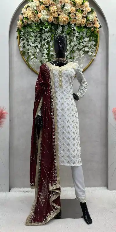 RTC 5699 White & Maroon Color Foix Georgette Thread Sequence Work Salwar Suit Wedding, Party, Festive, Events Etc. Expected Delivery 4-6 Working Days @2499/ | Casual Suits, Jump Suits, Salwar suit, Creative suits, Designer Suits, Palazzo Suits, Party Wear Suits, Patiala Suits, Straight Suits