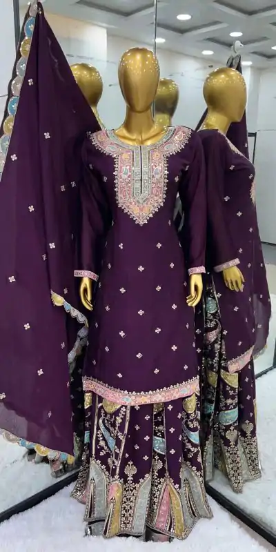ZF 377 Purple Color Chinnon Silk Embroidery Sequence Salwar Suit Casual, Wedding, Party, Events Etc. Expected Delivery 4-6 Working Days 2499/- | Casual Suits, Jump Suits, Salwar suit, Creative suits, Designer Suits, Palazzo Suits, Party Wear Suits, Patiala Suits, Straight Suits
